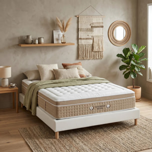 Ensemble matelas Bali & sommier Cancun | Mémoire de forme et ressorts ensachés | Cadre à lattes | Simili cuir | Blanc