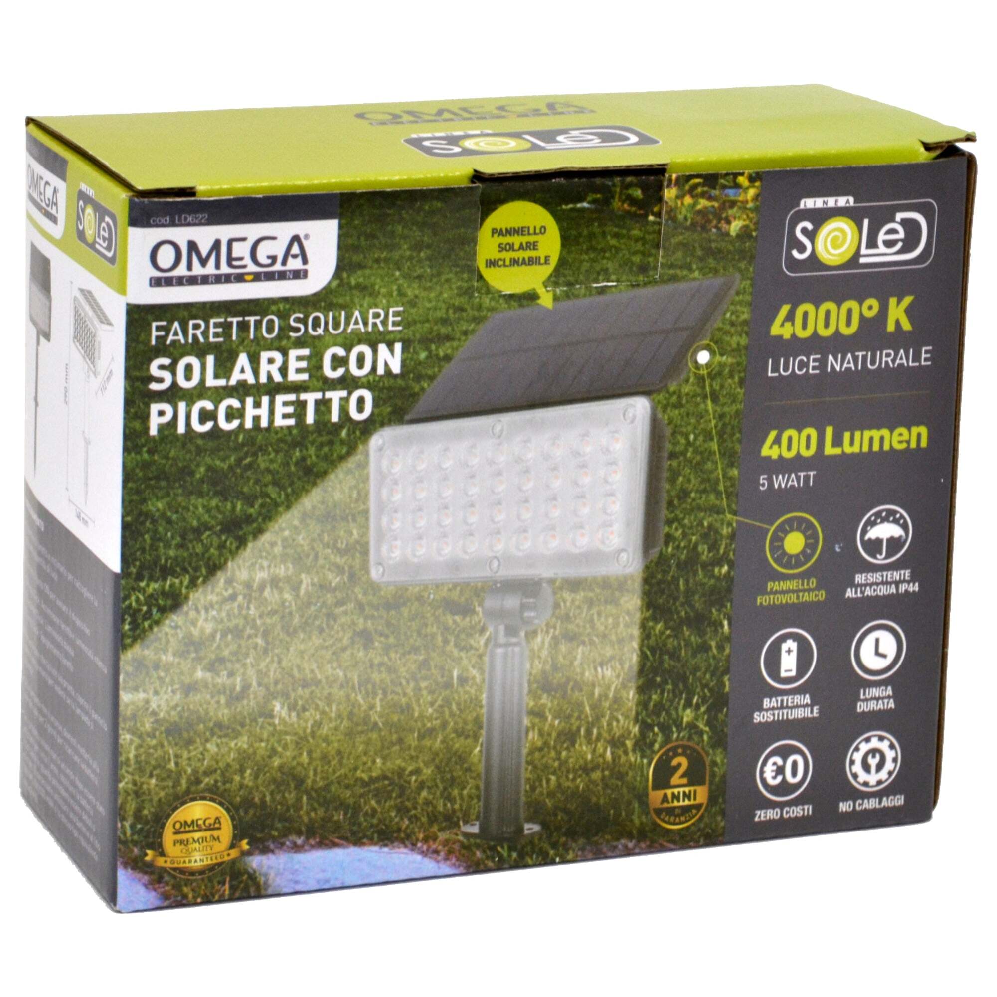 OMEGA Faretto Solare Square 400 Lumen con Picchetto 4000K IP44
