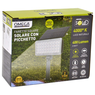 OMEGA Faretto Solare Square 400 Lumen con Picchetto 4000K IP44