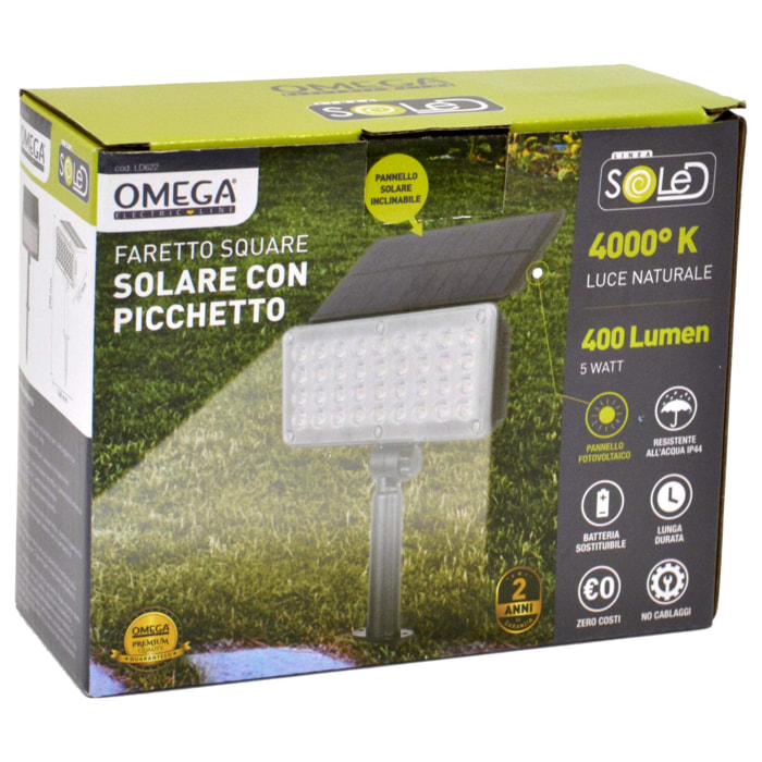 OMEGA Faretto Solare Square 400 Lumen con Picchetto 4000K IP44
