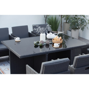 Table et chaises 10 places encastrables en résine noir/gris DALMA