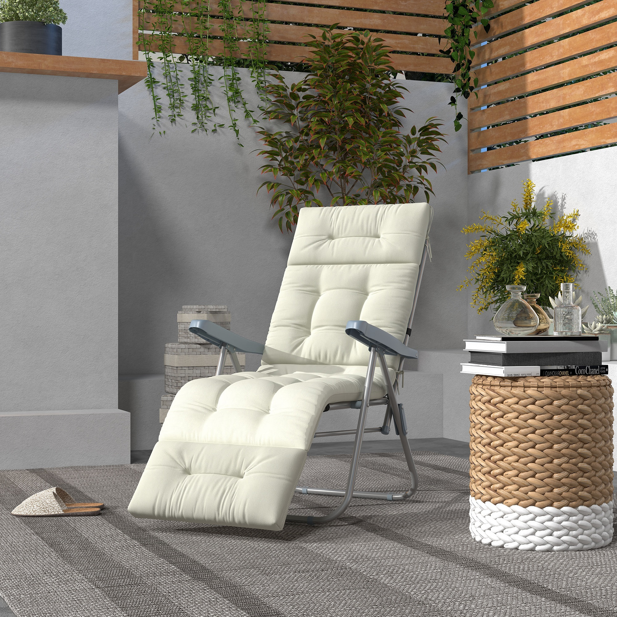 Cojín para Tumbona de 1 Plaza 200x60x13 cm Cojín Rectangular de Algodón para Tumbonas Cojín de Asiento y Respaldo Cómodo para Jardín Terraza Balcón Crema