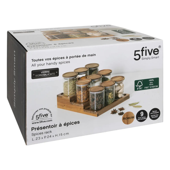 Présentoir à épices "Harmony" avec lot de 9 bocaux en acacia