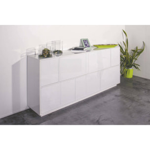 Credenza Virginio, Madia da cucina a 7 ante, Buffet da soggiorno, 100% Made in Italy, cm 200x41h86, Bianco lucido