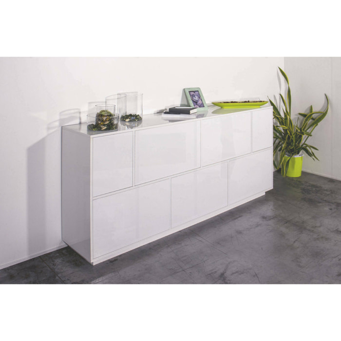 Credenza Virginio, Madia da cucina a 7 ante, Buffet da soggiorno, 100% Made in Italy, cm 200x41h86, Bianco lucido