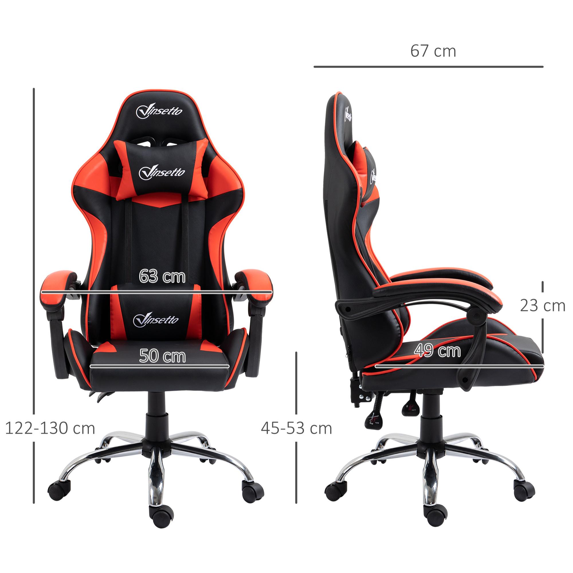 Silla Gaming Ergonómica Silla de Escritorio Racing Giratoria con Altura Ajustable Reclinable de 135° Reposacabezas y Cojín Lumbar para Oficina Estudio 63x67x122-130 cm Rojo