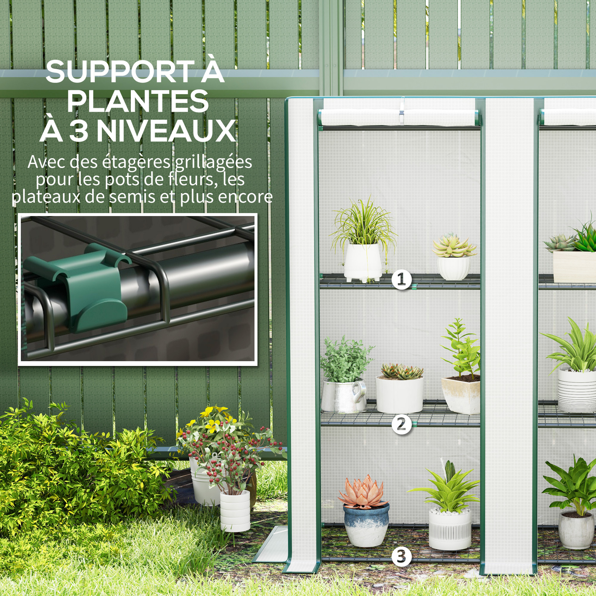 Serre de jardin balcon avec étagères métalliques 3 niveaux 2 portes acier noir PE blanc