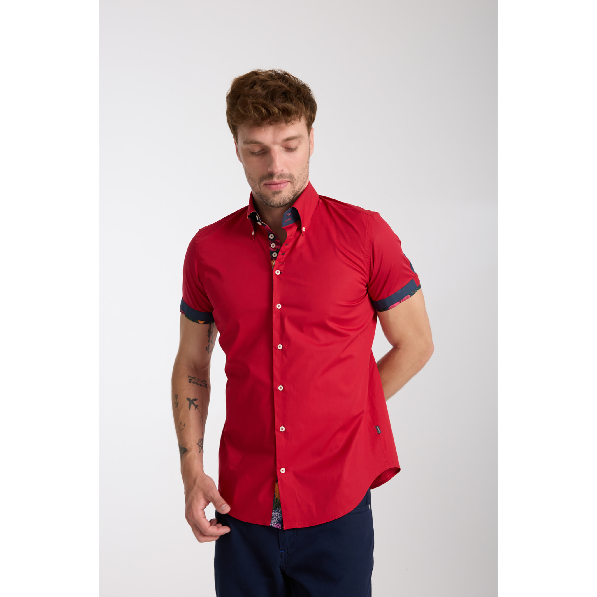 Camicia Uomo Manica Corta 2 Bottoni Button Down 7 Botto Popeline Stretch Unito Rosso