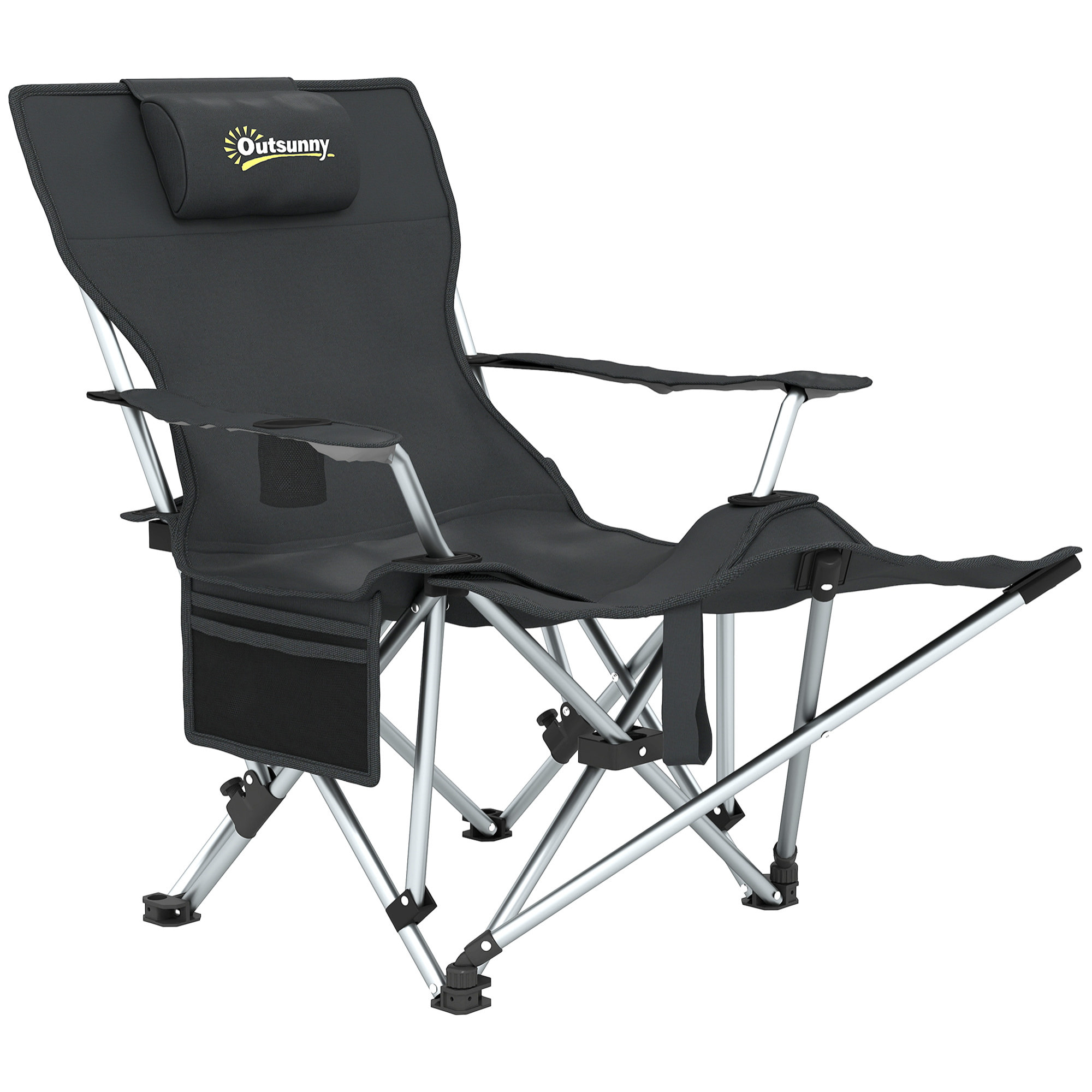 Chaise de camping pliante - repose-pied amovible, rangements - sac transport - noir