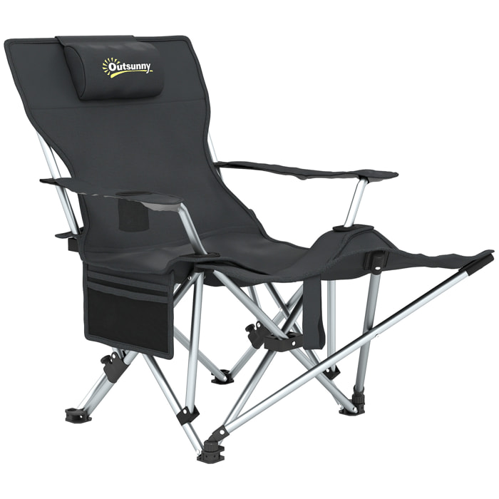 Chaise de camping pliante - repose-pied amovible, rangements - sac transport - noir