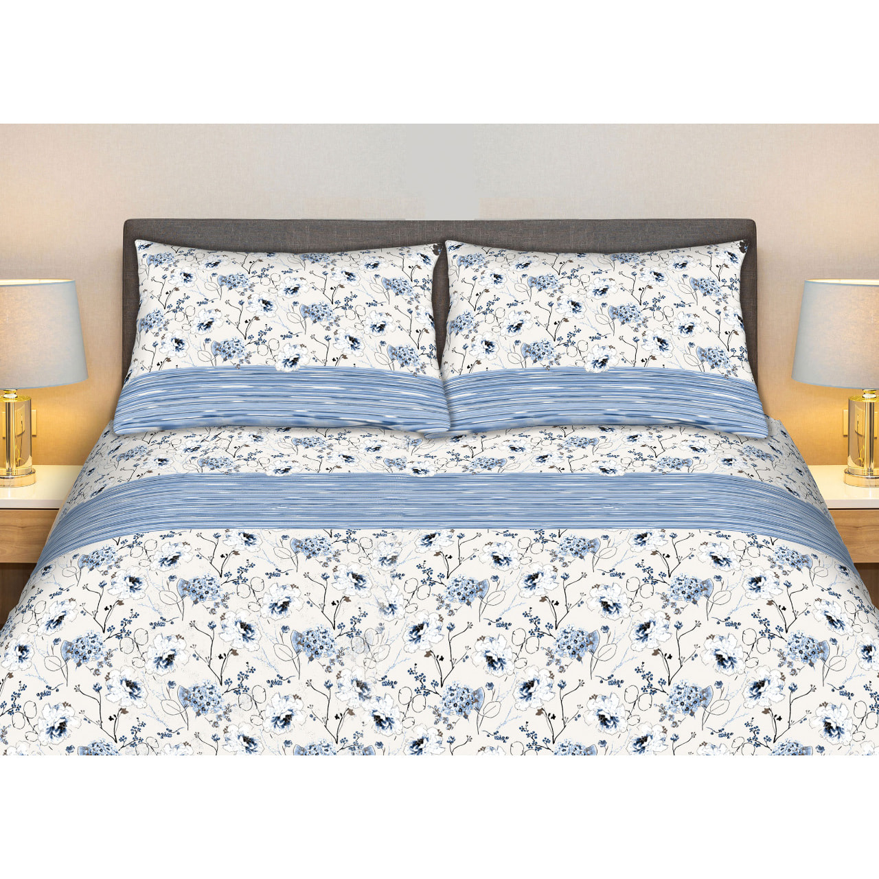 Completo Lenzuola 100% Cotone Effetto Seta Bouquet Azzurro CN