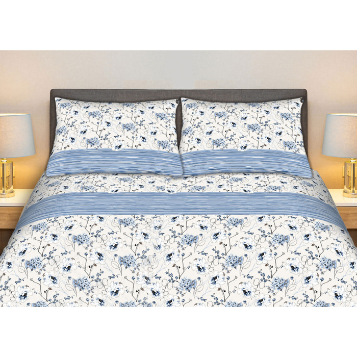 Completo Lenzuola 100% Cotone Effetto Seta Bouquet Azzurro CN
