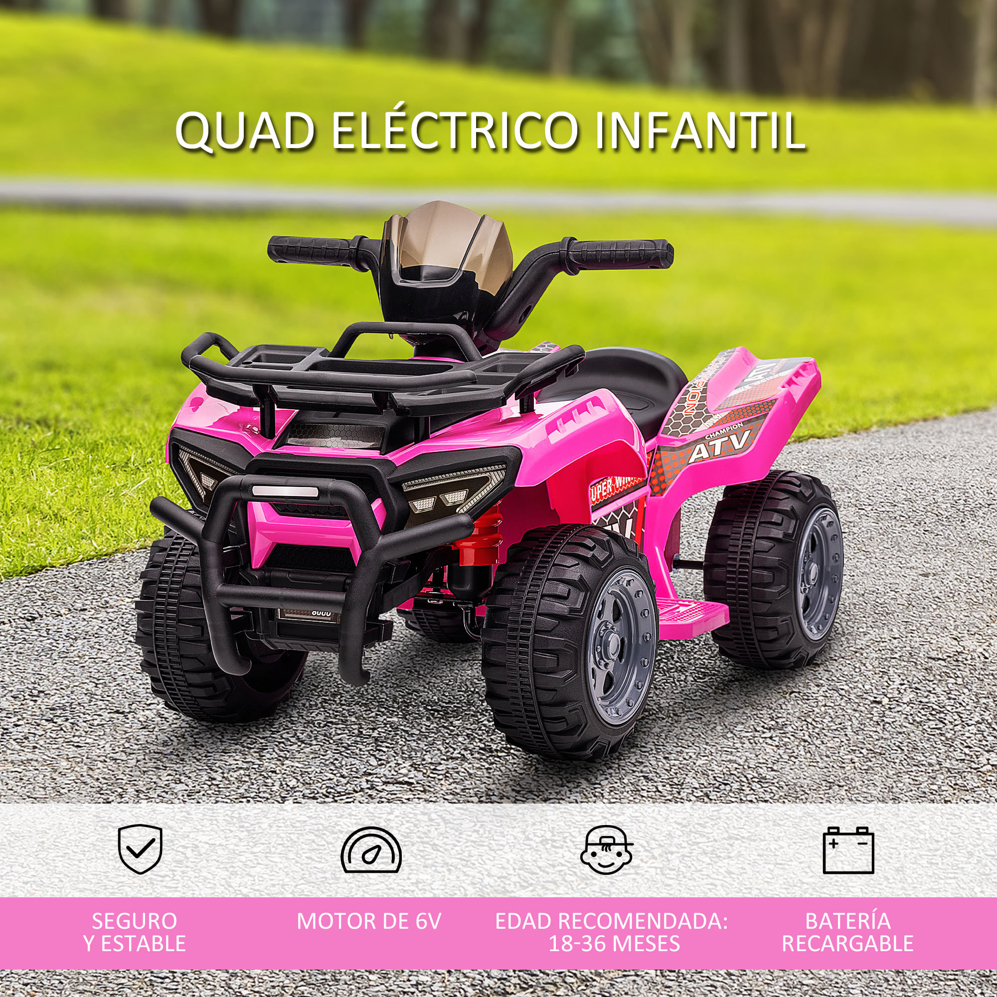 Quad Eléctrico para Niños de +18 Meses Vehículo Eléctrico a Batería 6V Infantil con Velocidad de 2 km/h y Avance 70x42x45 cm Rosa