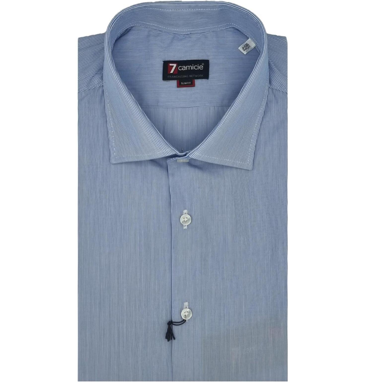 Camicia Uomo 1 Bottone Francese Slim Popeline Riga Stretta Celeste/Bianco