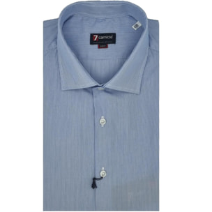Camicia Uomo 1 Bottone Francese Slim Popeline Riga Stretta Celeste/Bianco