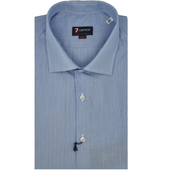 Camicia Uomo 1 Bottone Francese Slim Popeline Riga Stretta Celeste/Bianco