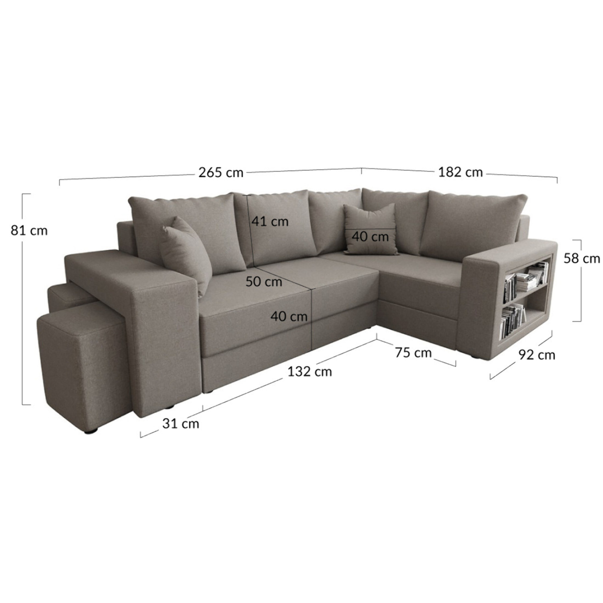 Libbie - Canapé d'angle droit 4 places convertible avec coffre, étagère et poufs en tissu - Gris