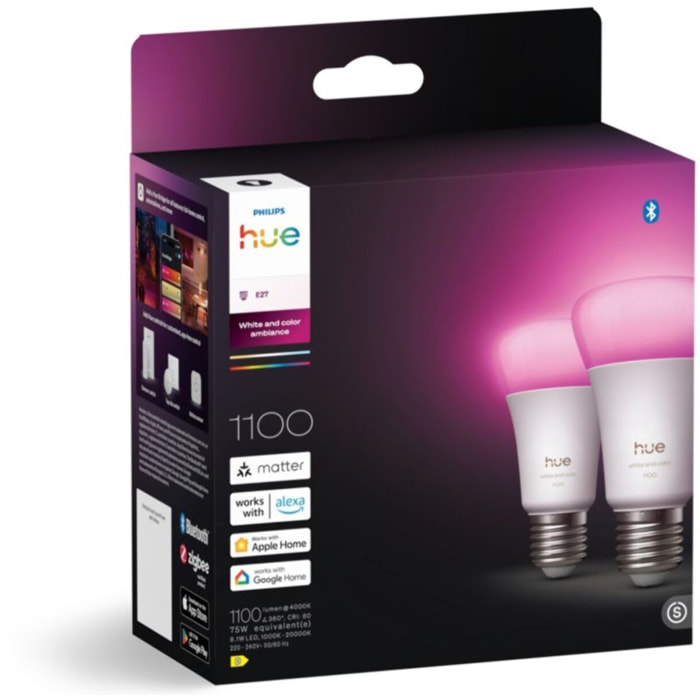 Ampoule LED connectée PHILIPS HUE W&C E27 75W x2