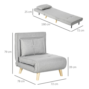 Fauteuil chauffeuse canapé-lit convertible 1 place - coussin inclus - style scandinave tissu gris clair