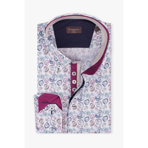 Camicia Uomo 2 Bottoni Button Down Slim Popeline Stampato Bianco e Blu