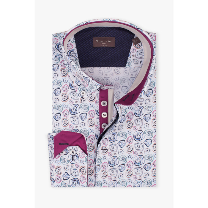Camicia Uomo 2 Bottoni Button Down Slim Popeline Stampato Bianco e Blu