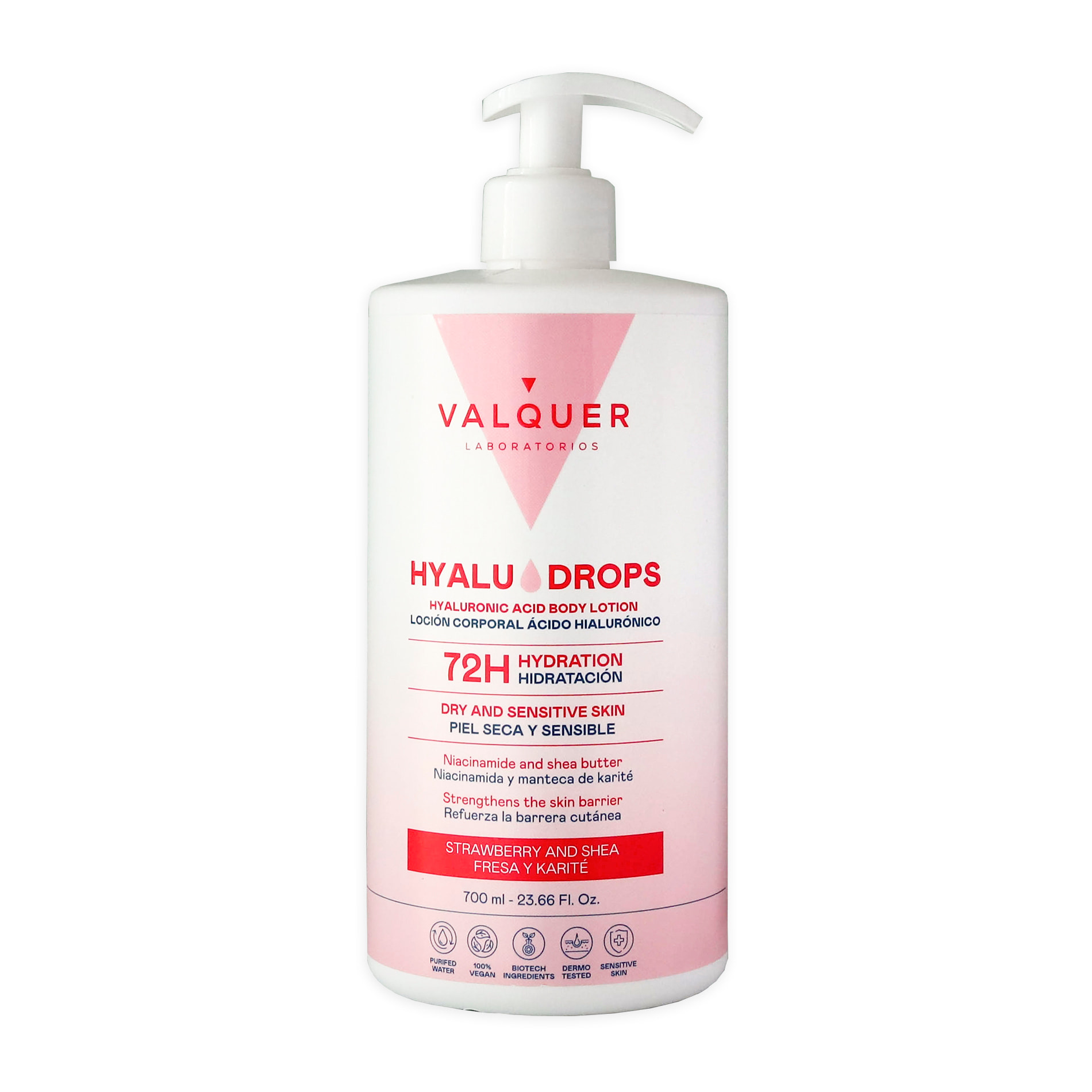 Valquer Hyaludrops Loción Corporal Fresa y Karité – Hidratación 72H - 700 ml