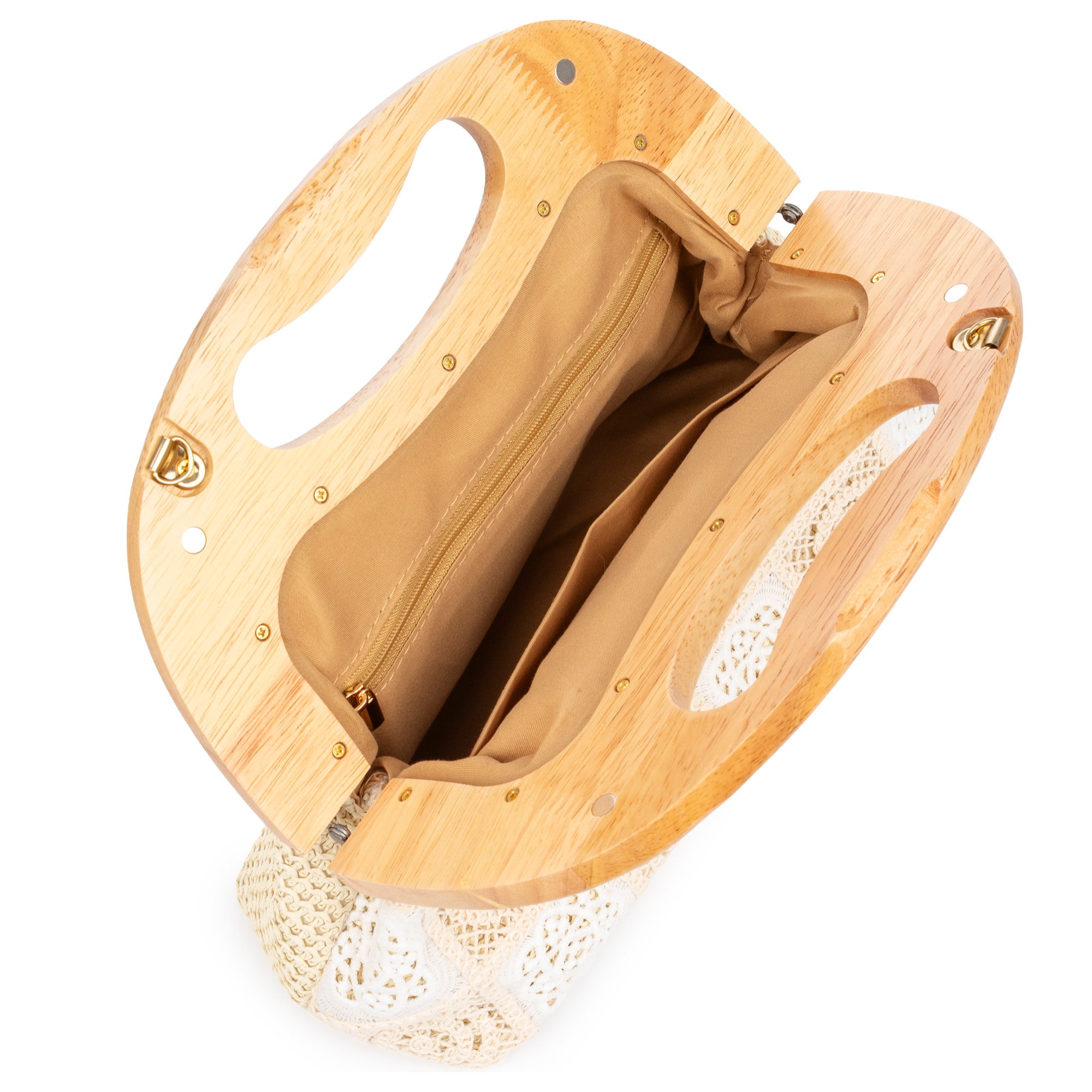 Barbaira Bolso de mano Mujer. Fabricado en madera natural y algodón.