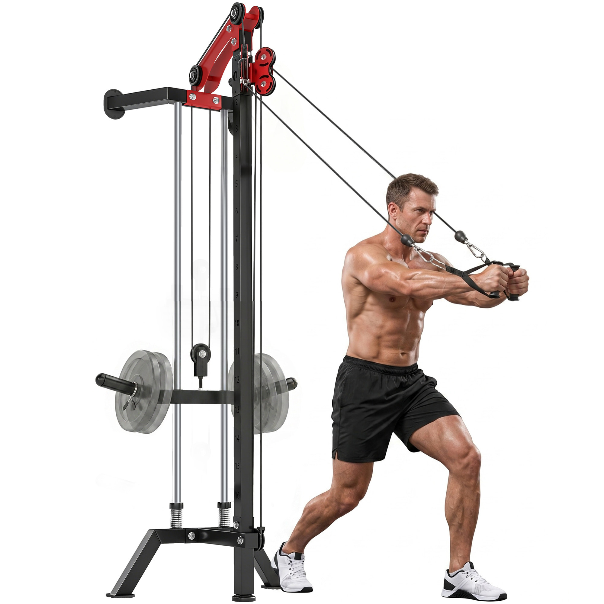 Máquina Polea Alta y Baja de Pared, Estación de Polea Ajustable en 16 Posiciones, Máquina de Musculación con Barra para Jalones y Manillar para Entrenamiento de Fitness en Gimnasio en Casa