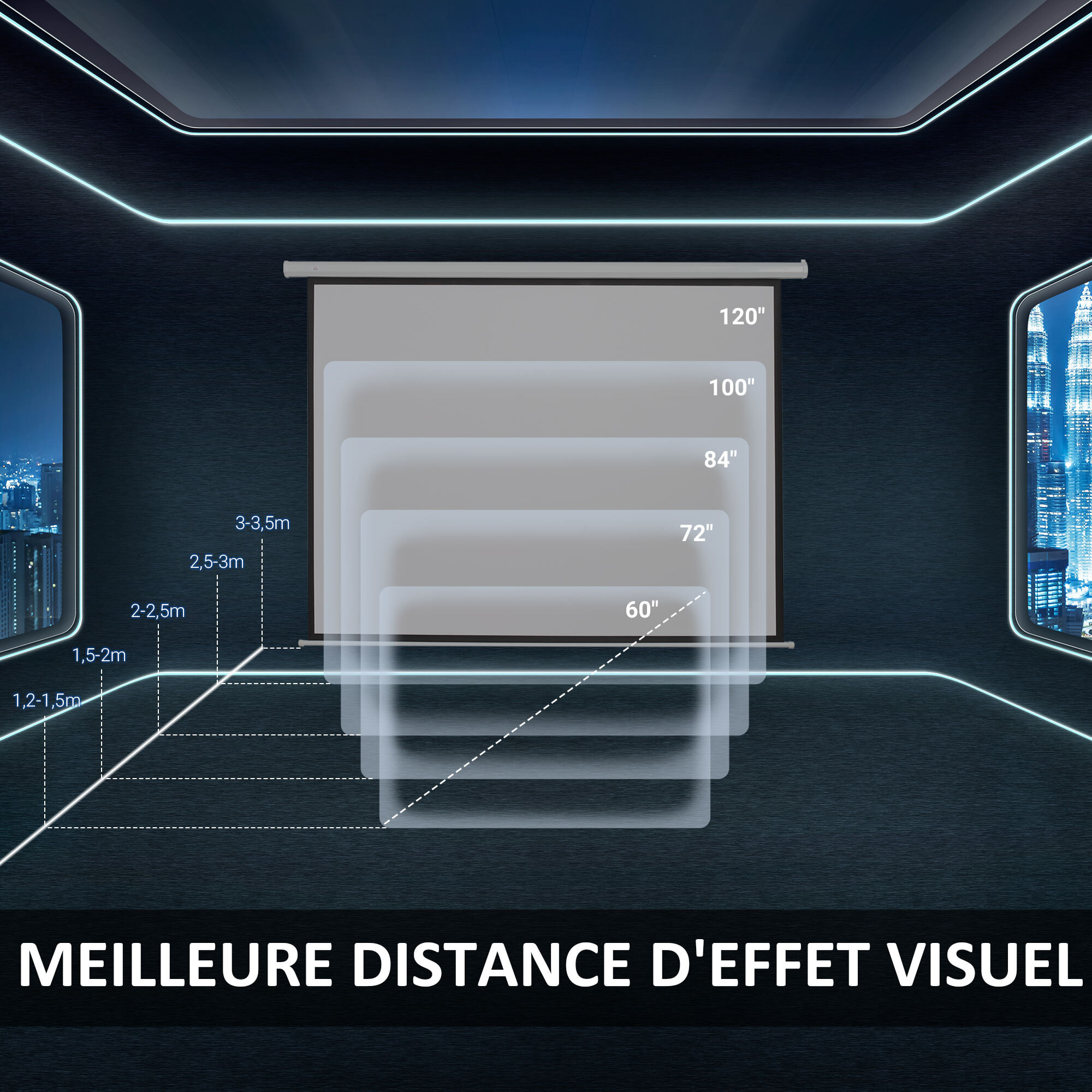 Écran de projection motorisé 100 pouces, 16:9 4K HD - mural avec télécommande - blanc