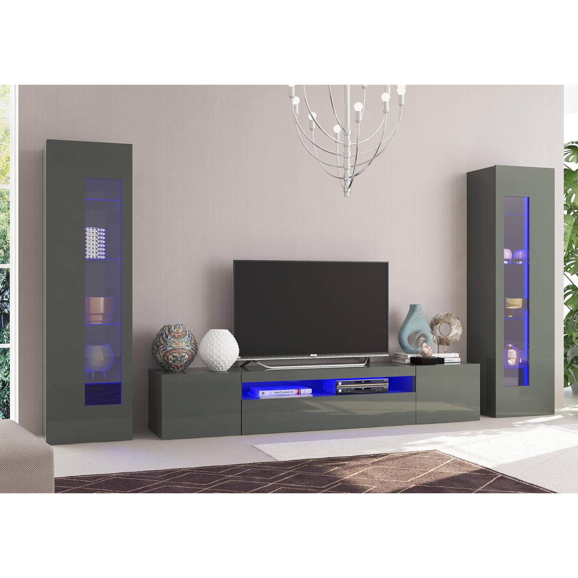 Parete attrezzata da soggiorno modulare, Made in Italy, Base porta TV e pensili, Set salotto moderno, cm 300x40h162, colore Antracite lucido, con luce LED blu