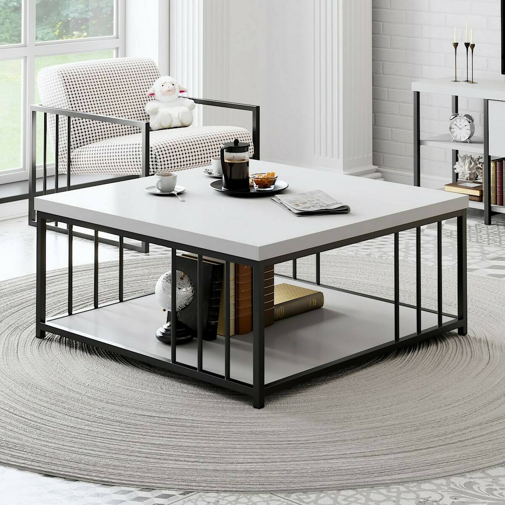 Tavolino da salotto Raiden, Tavolo basso da caffè, Portariviste per divano, Ripiano da soggiorno, 90x90h40 cm, Bianco e Nero