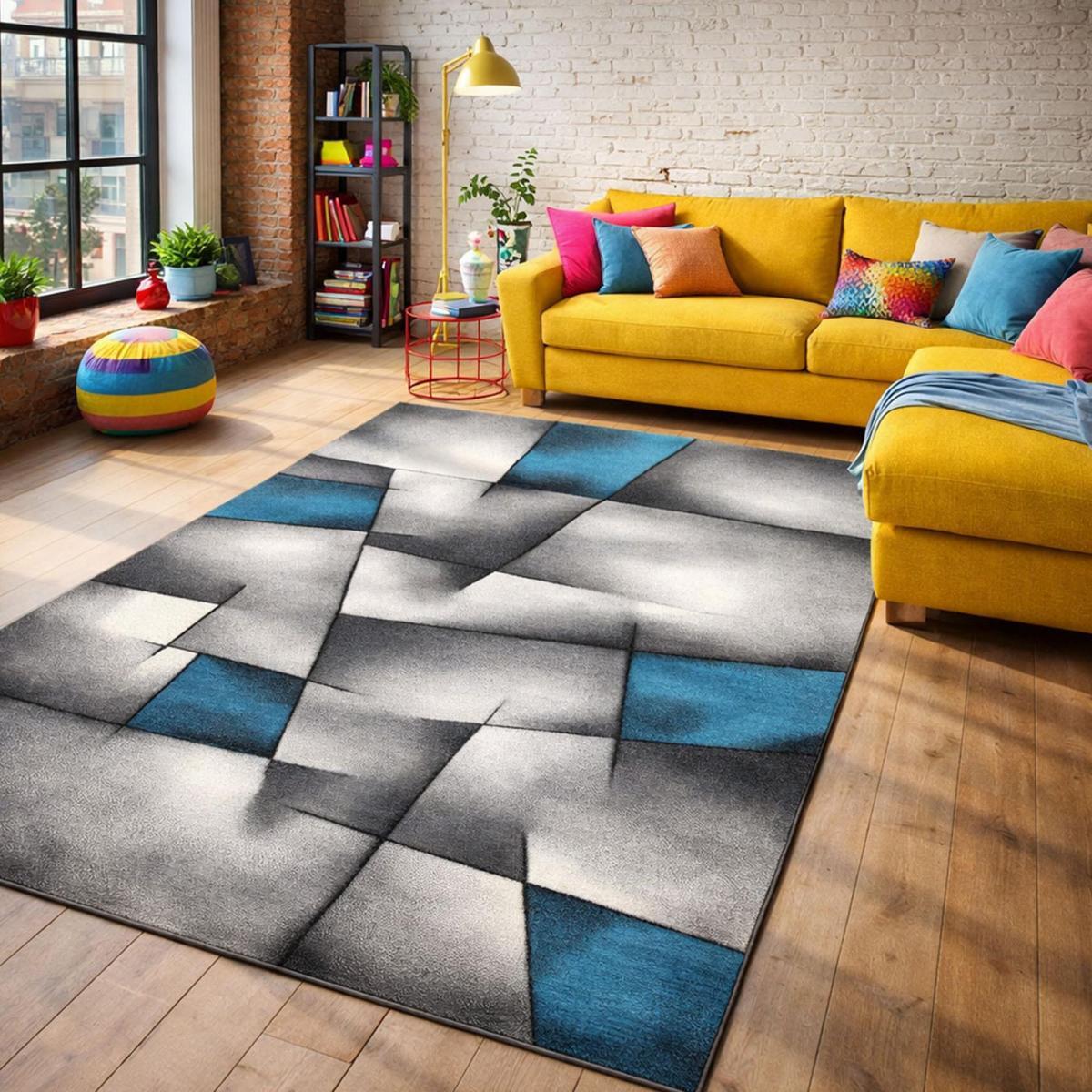 Tapis Rahi gris et bleu aux motifs géométriques