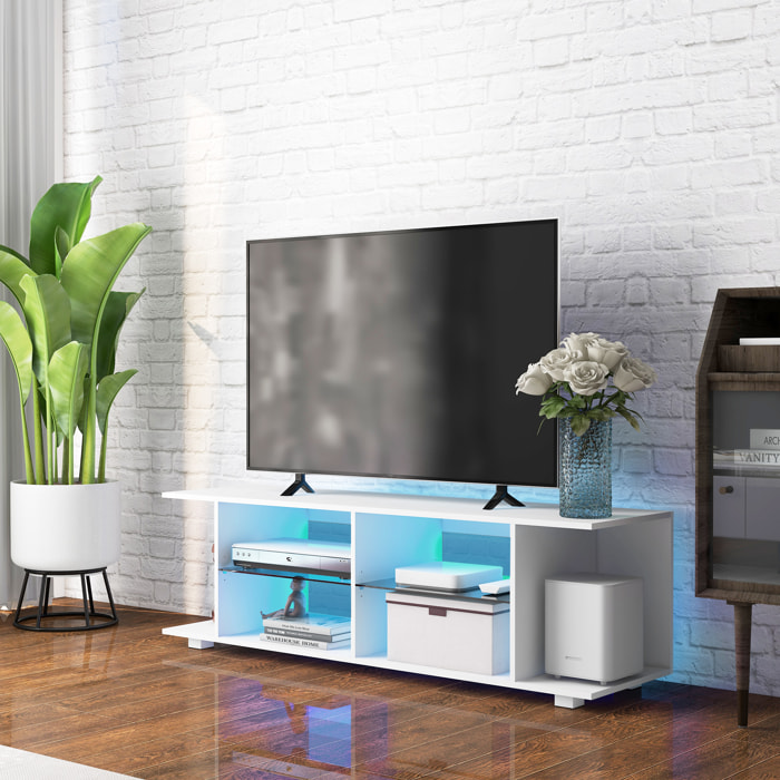 Meuble banc TV sur pieds avec lumières LED - 2 étagères en verre trempé pour télévision jusqu'à 60 pouces style contemporain - 145 x 40 x 45 cm blanc