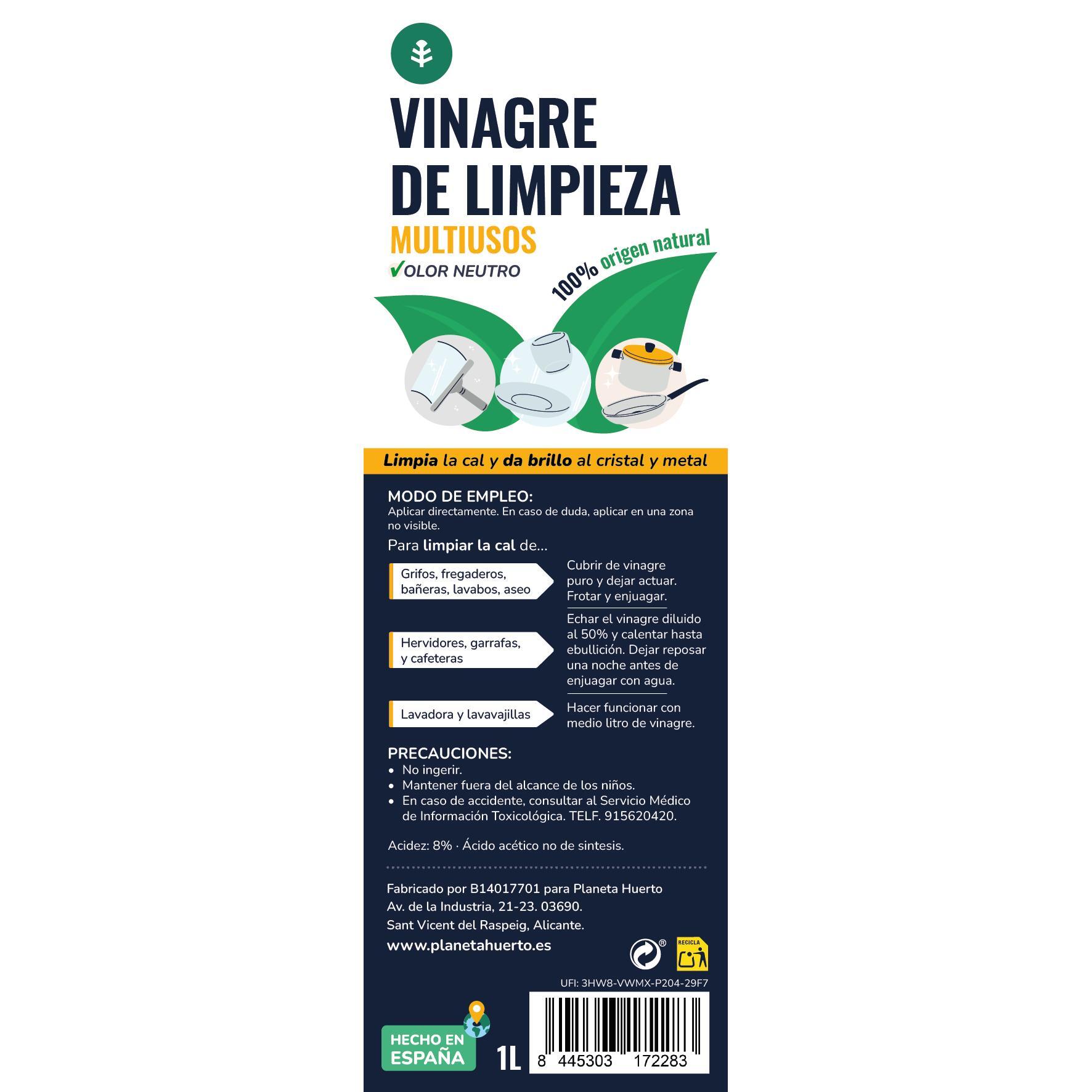 PLANETA HUERTO | Vinagre Blanco de Limpieza 1L - El Desinfectante Natural Ideal para Azulejos, Grifos y Más