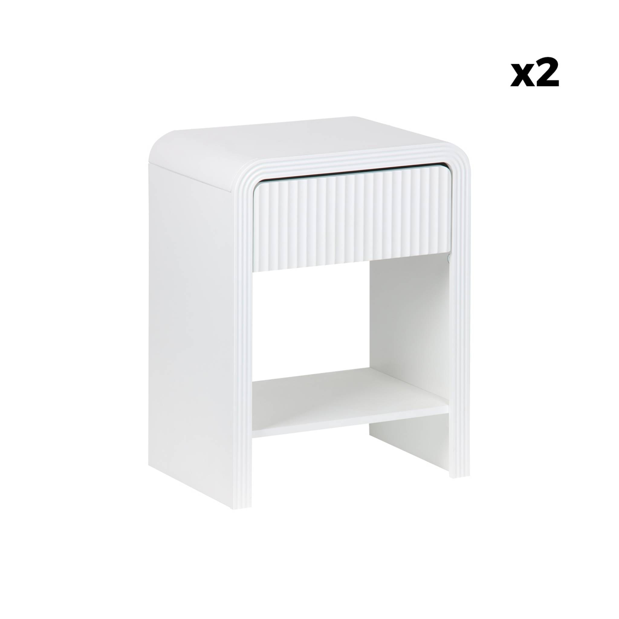 Lot de 2 tables de chevet effet bois blanc rainuré 1 tiroir. 1 étagère