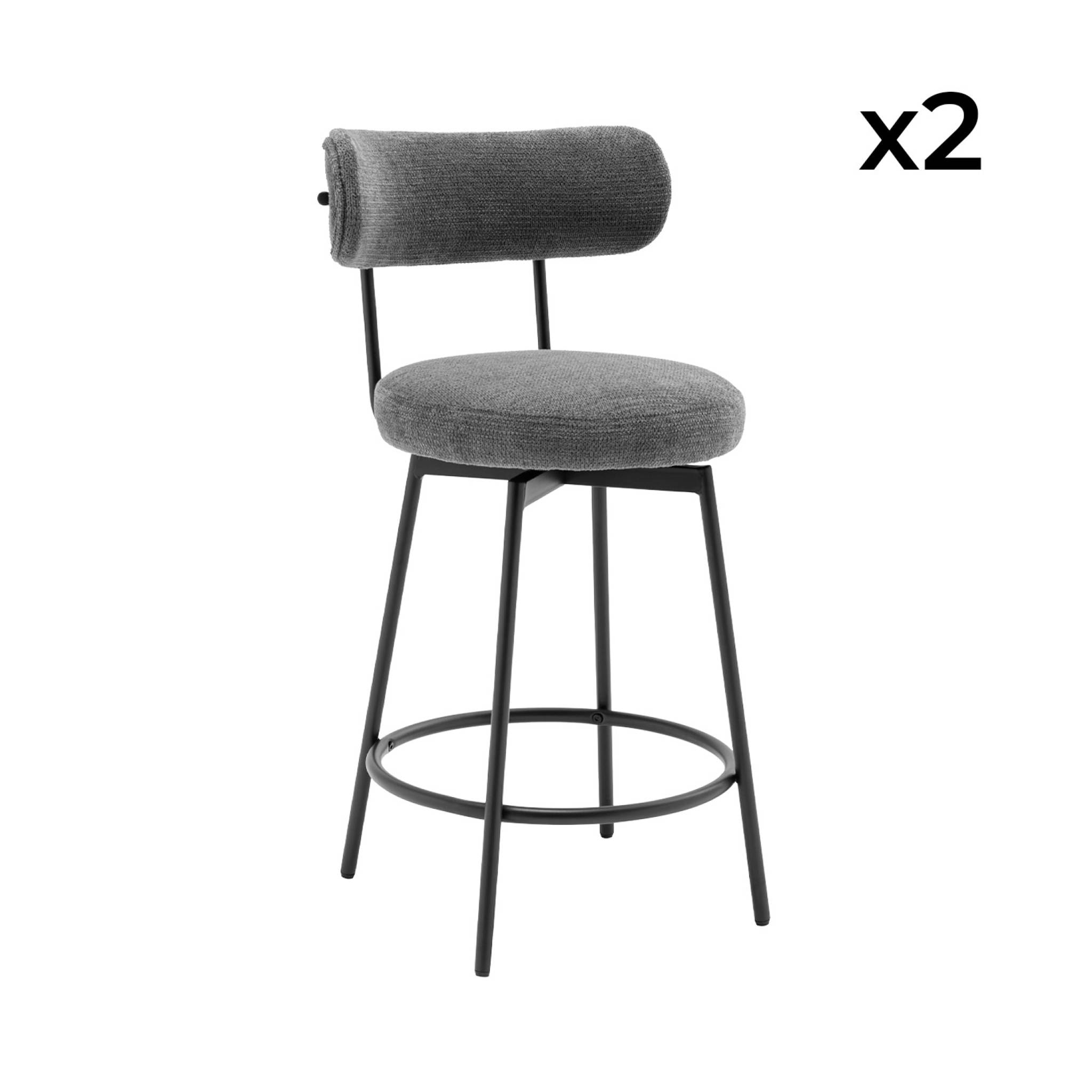 Lot de deux tabourets de bar assise rotative métal noir et tissu gris - L 50 x P 50 x H 92cm - Iris