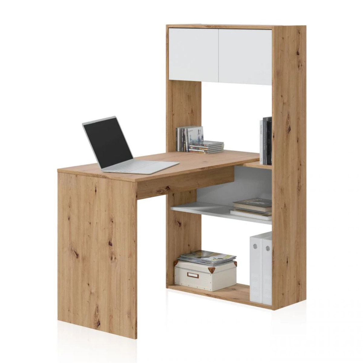Mesa de escritorio multiposición con estantería en blanco artik y roble nodi 112x50 cm Dess Blanco Artik (Blanco Mate) - Roble Nodi