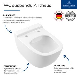 WC suspendu sans bride Antheus DirectFlush Blanc CeramicPlus + abattant amovible à descente progressive