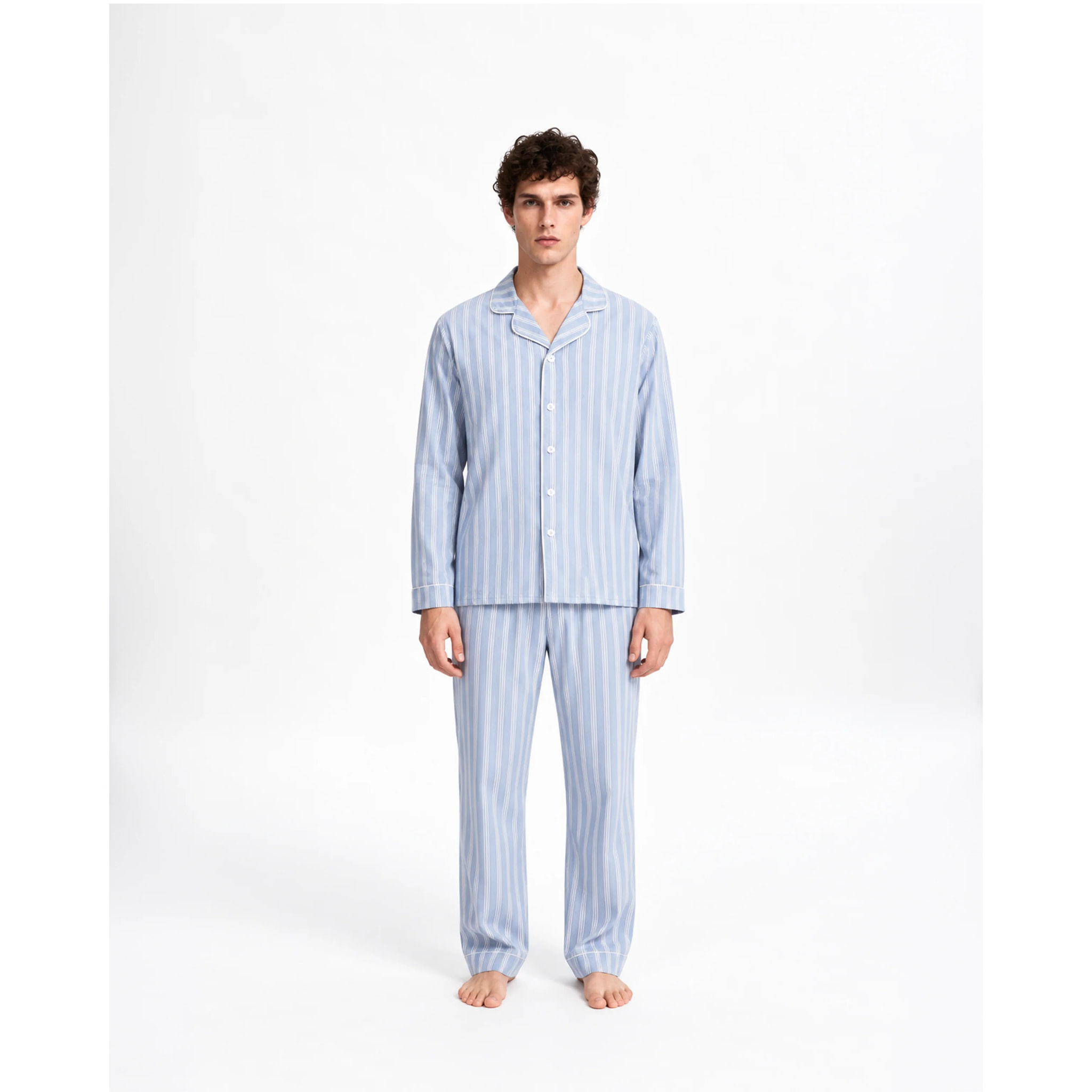Pijama largo camisero algodón raya marsella celeste