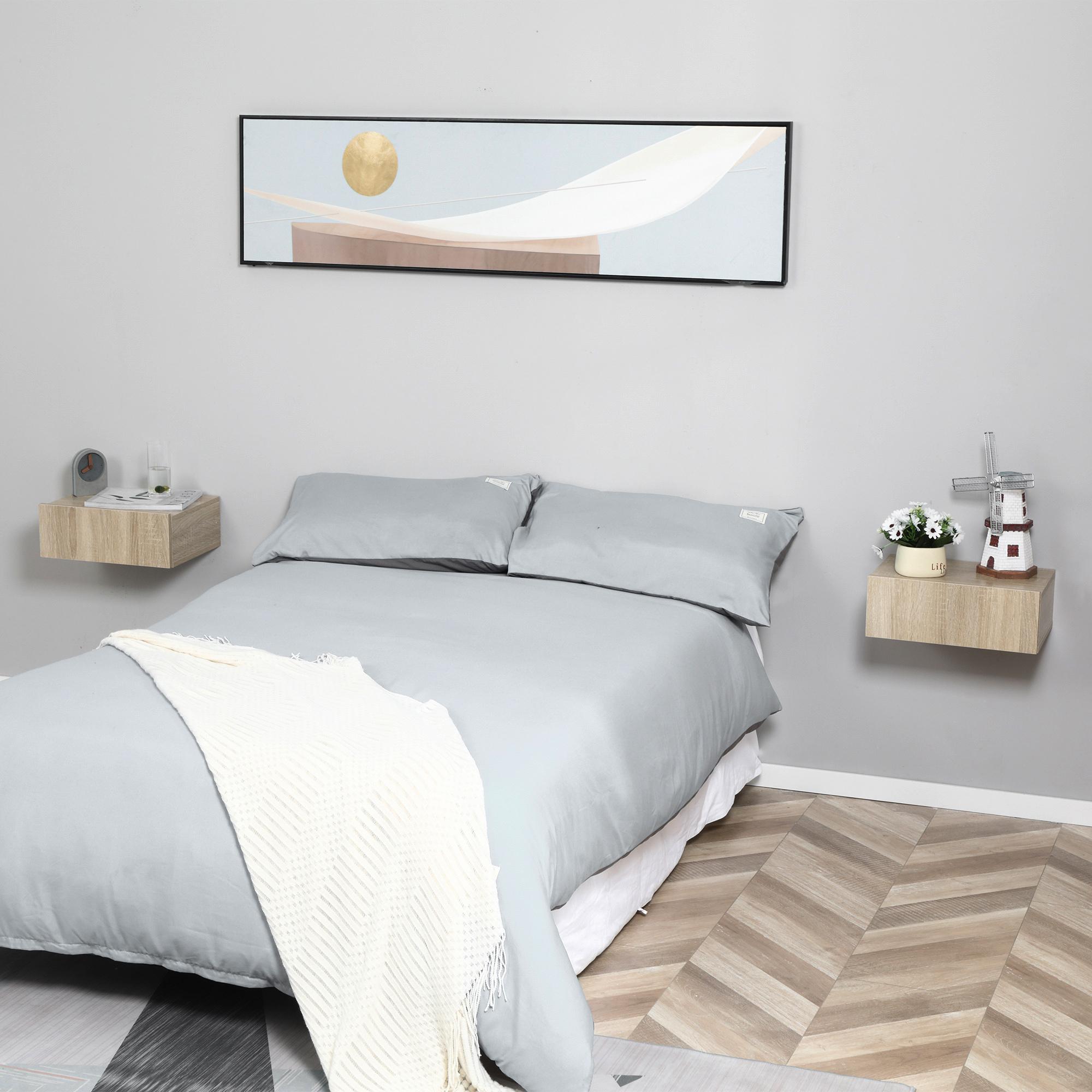 Set de 2 Mesitas de Noche Flotantes con 1 Cajón Diseño Montado en la Pared Estilo Moderno para Dormitorio 40x30x15 cm Natural