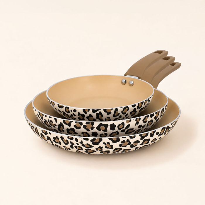Lot de 3 poêles en aluminium recyclé motif léopard LEOPARD