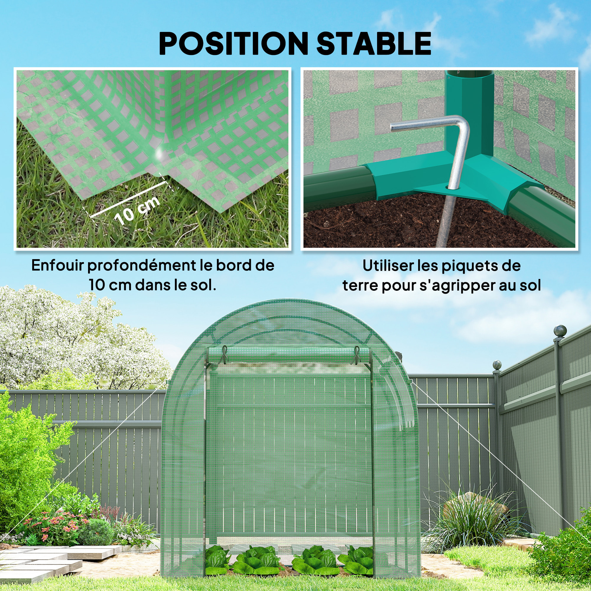 Serre tunnel 3,24 m² 2 portes zippées 2 fenêtres maillées acier PE haute densité 135 g/m² vert