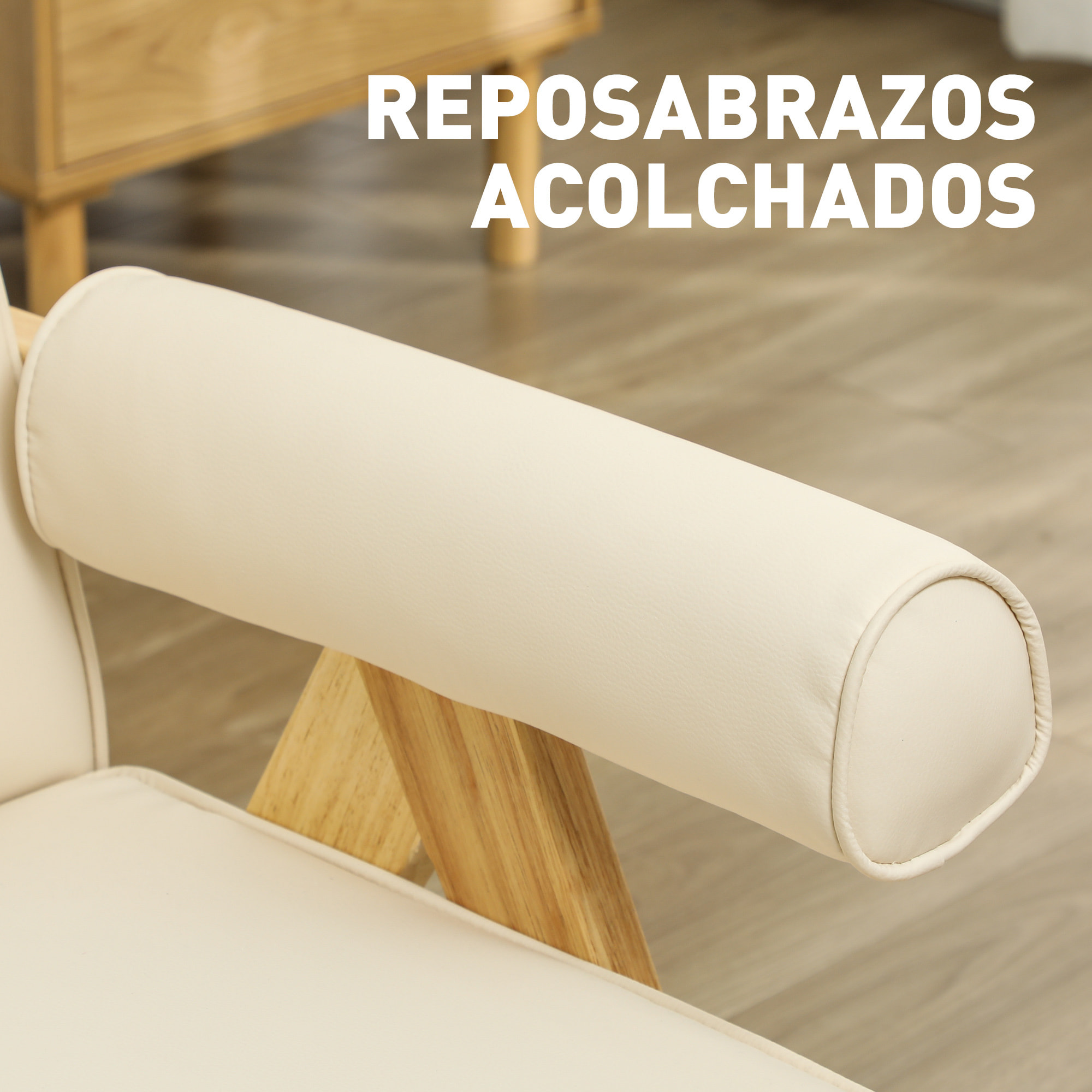 Butaca de Salón Butaca Nórdica Sillón de Salón Tapizado en PU con Reposabrazos y Marco de Madera de Caucho para Dormitorio Carga 120 kg Crema