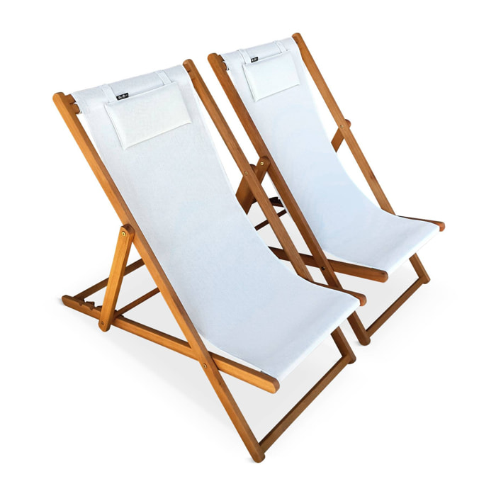 Chiliennes bois - Creus - 2 transats en bois d'Eucalyptus huilé avec coussin repose-tête blanc