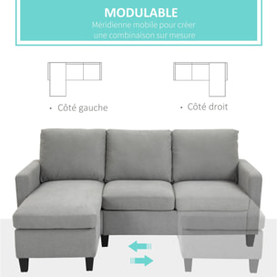 Canapé d'angle 3 places méridienne réversible garnissage mousse haute densité 28D tissu polyester gris clair
