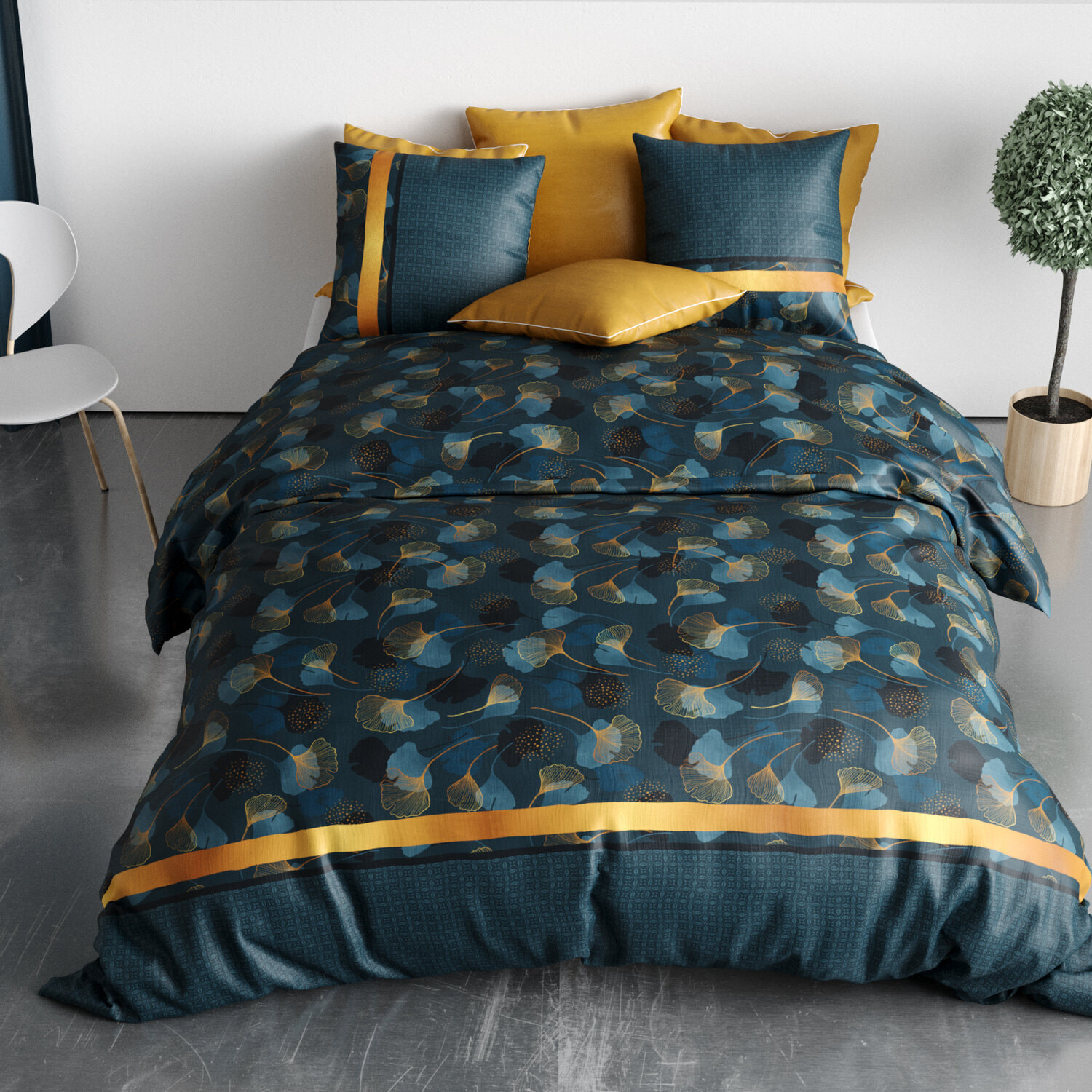 Parure housse de couette imprimé 100% coton - ginko - jaune