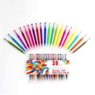 Set 36 Rotuladores color doble punta, punta fina 0,4 mms y punta pincel acuarelable profesional. Forma triángular ergonómica para lettering, caligrafía, ilustraciones…