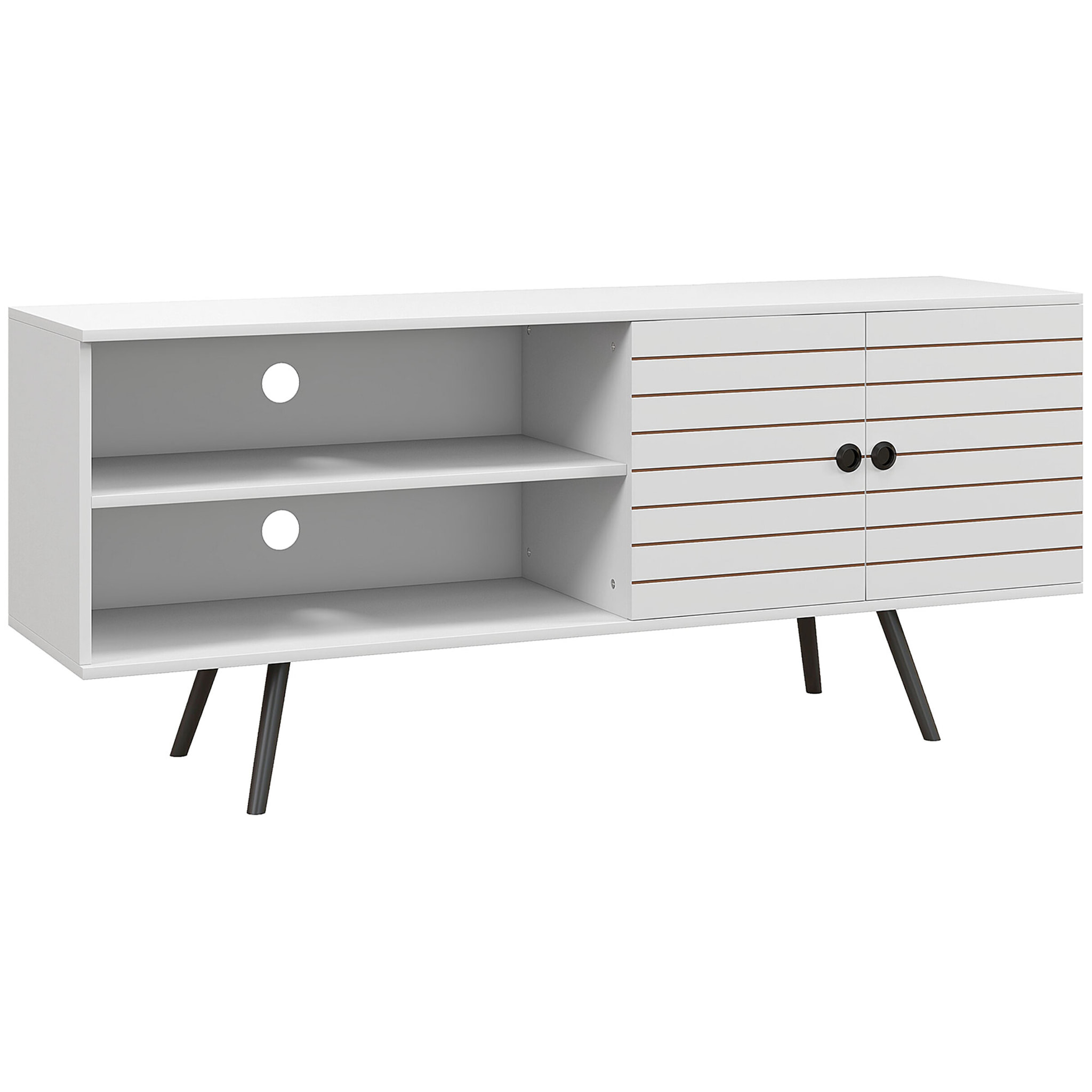 Meuble TV banc TV 2 portes étagère 2 niches dim. 145 x 38 x 65 cm piètement bois noir blanc