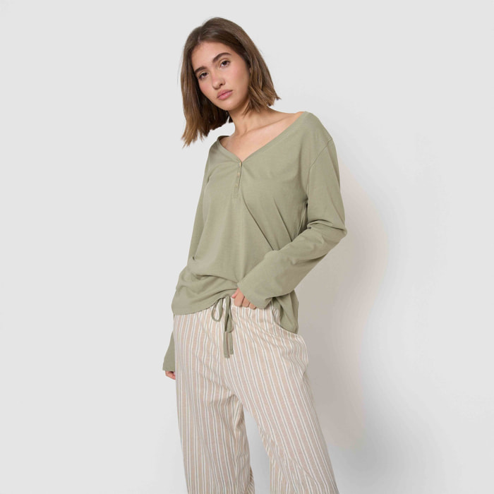 Pigiama lungo rita in cotone verde con scollo a v