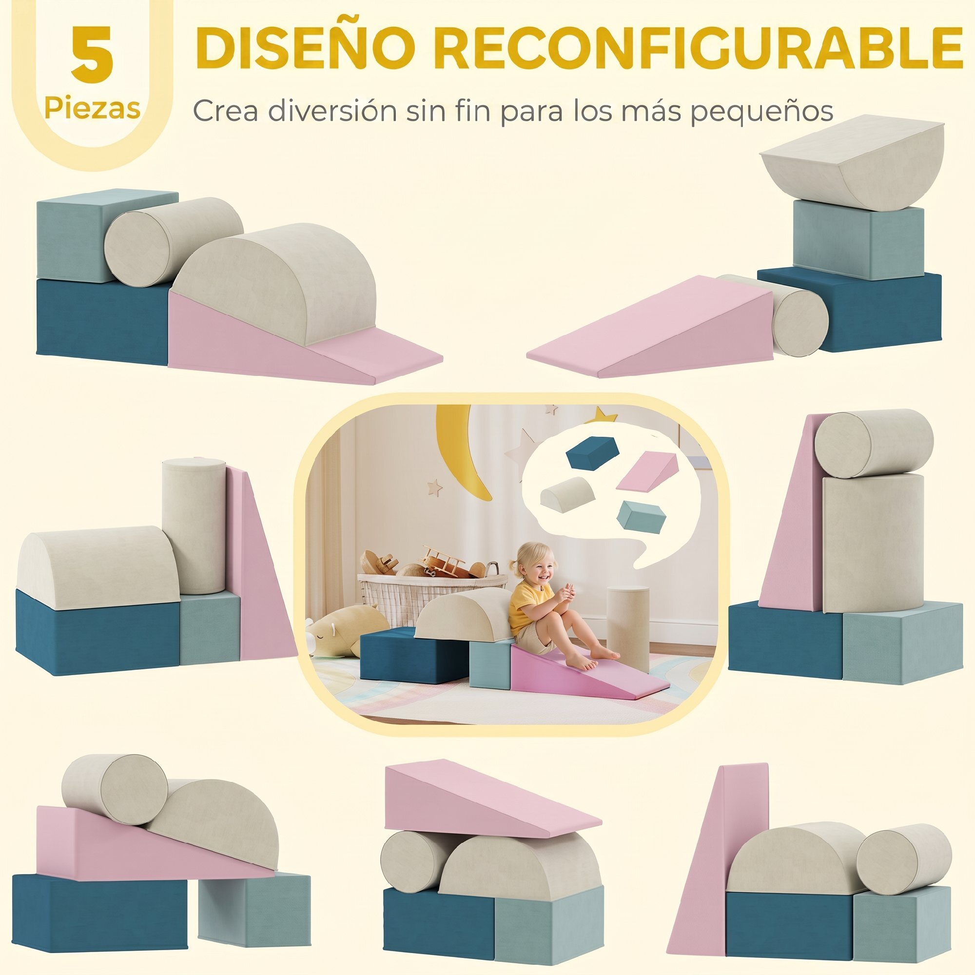 Juego de 5 Bloques de Espuma para Niños, Bloques de Psicomotricidad Infantil con Base Antideslizante, Funda Extraíble, Set de Escalada Suave Interior para Escalar y Gatear, 6 Meses-3 Años